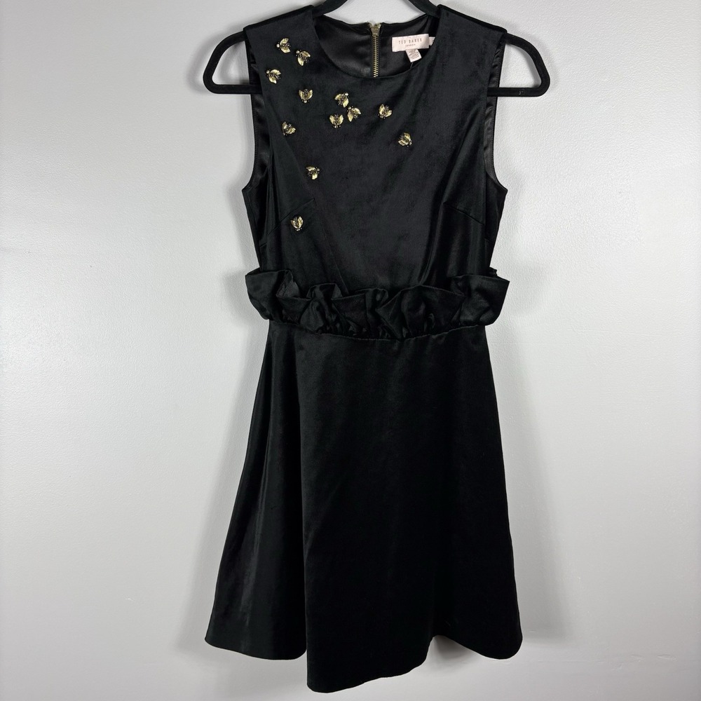 TED BAKER Women's 0 Black Velvet Celeena Queen Bee Fit And Flair Mini Dress NWOT